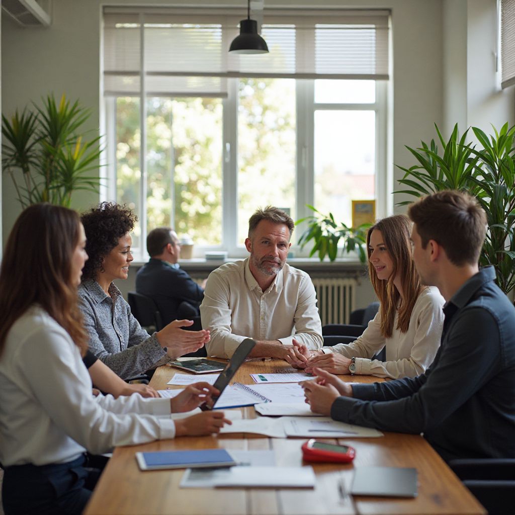 Team meeting in bright, collaborative space